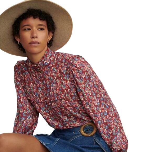 Anthropologie Emia Red Ruffled Floral Button Down Top - Picture 2 of 10